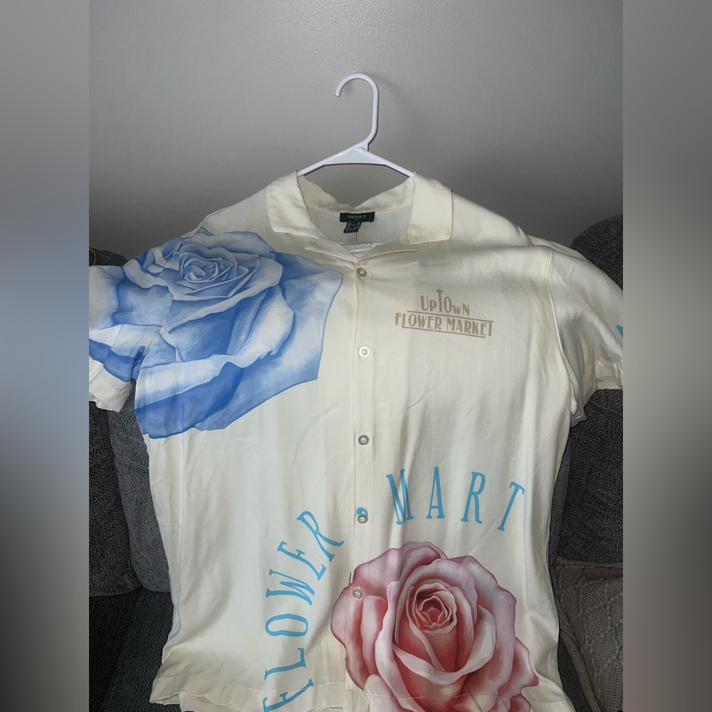 Floral Print Men's Shirt - Cream and Blue